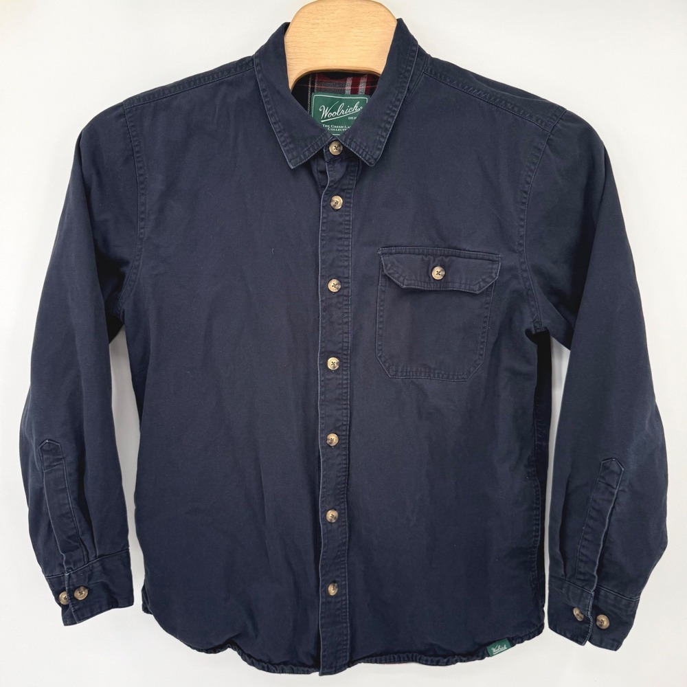 Woolrich Shirt Jacket Mens L Navy Blue Flannel Lined Green Label Cotton Workwear